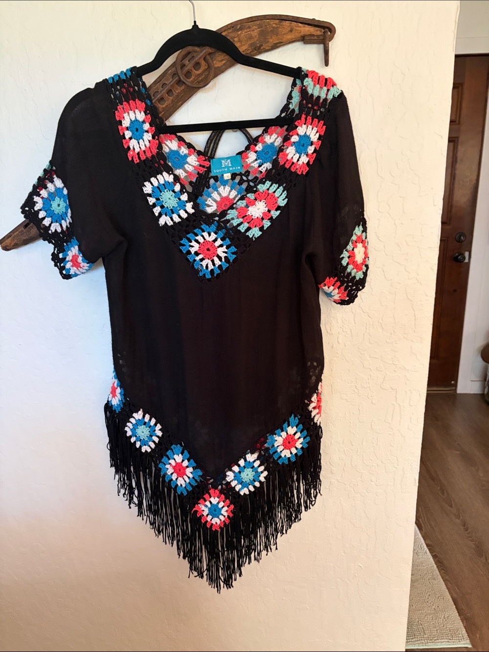 Black Boho Fringe Tunic with Colorful Crochet Accents